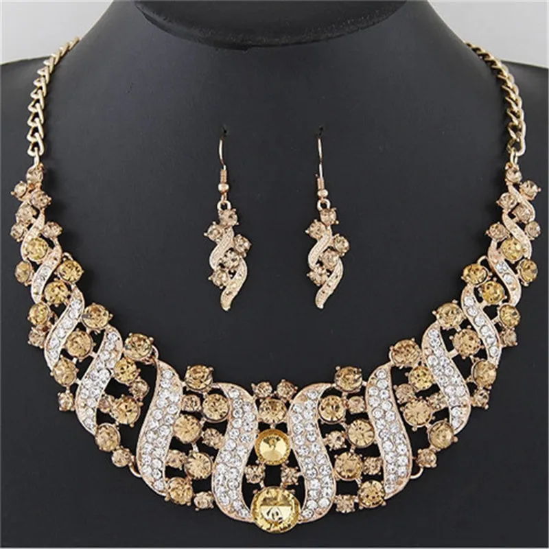 Flash Exaggerated Rhinestone Spiral Necklace Earrings Women Ladies