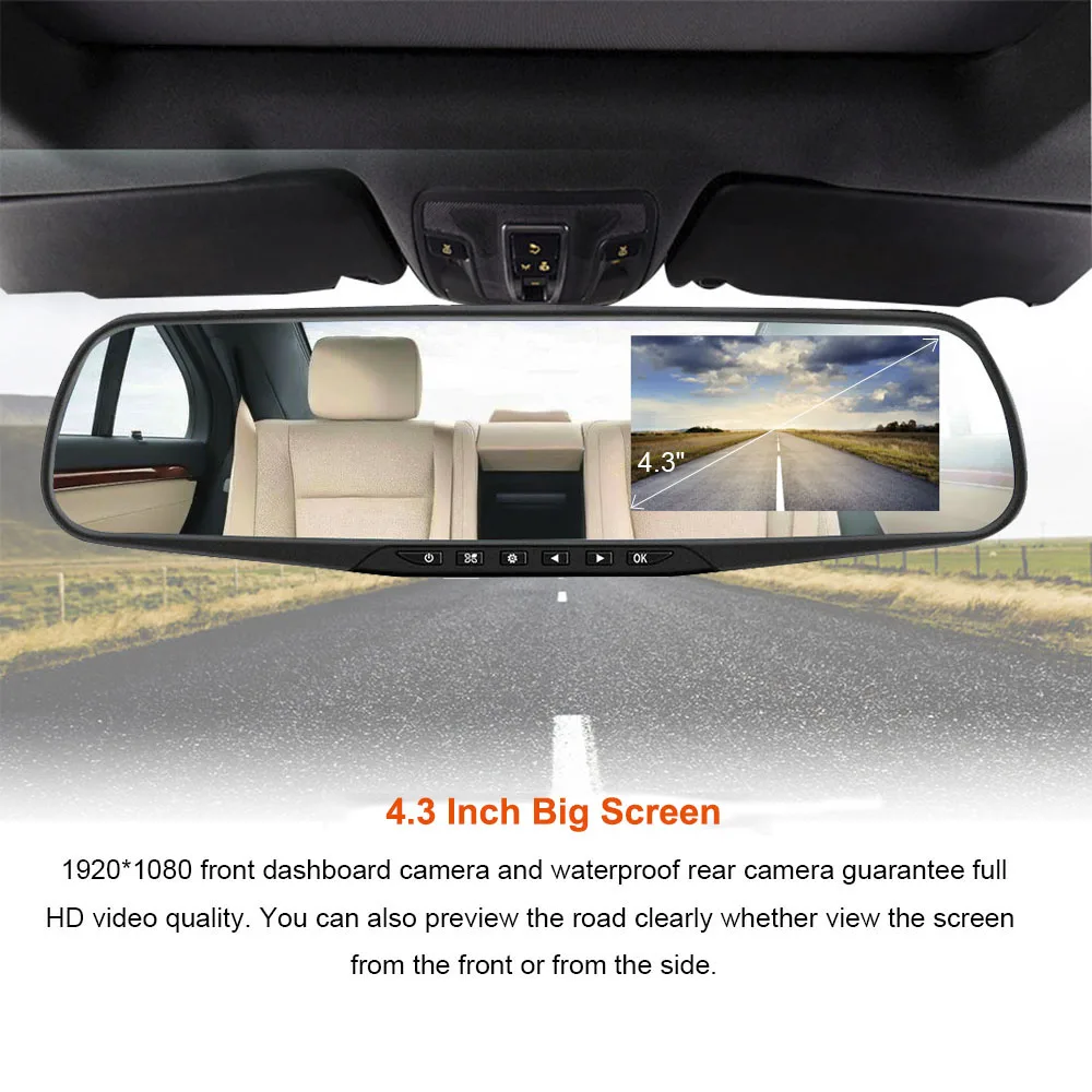  TAVIN Dual lens Car dvr Rearview Mirror Dash cam Full HD 1080P Car video camera 4.3 inch Recorder M