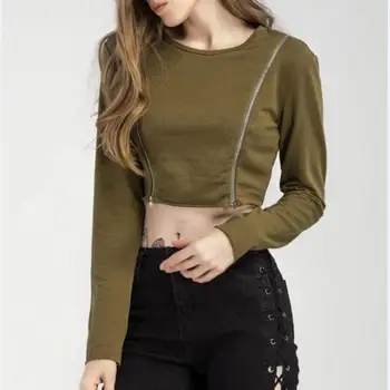 

Women Long Sleeve Zipper Crop Tops Stylish 2018 Sexy Autumn O-Neck Women Zipper Fashion Casual Loose Solid Tee Shirt