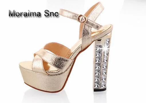 

Moraima Snc Luxury Rhinestone high heels sandals women gold sliver platform gladiator shoes women summer wedding shoes 13 cm