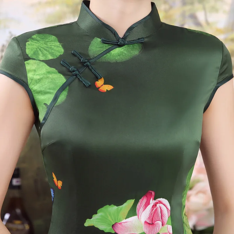 Sheng Coco женские темно-зеленые модифицированные короткие Cheongsam платья с рисунком лотоса атласная Женская одежда современная мода китайский