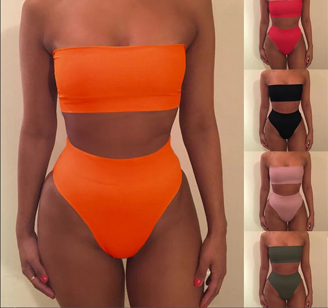 2018 New Bikini Strapless Swimwear Women Solid 6 Color Swimsuit $4.39 Per Piece New Item Sexy Off Shoulder Bathing Suit