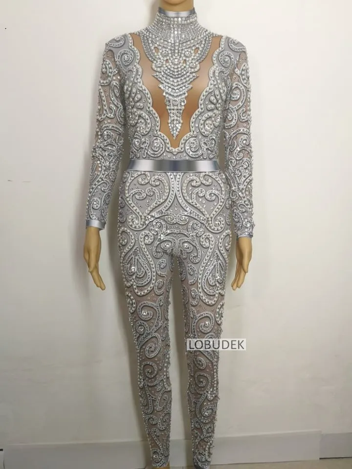 High-end Female Silvery Gray Crystals Jumpsuit Sexy Stretch Skinny Pearl Bodysuit Singer Bar Party Stage Performance DS Costume
