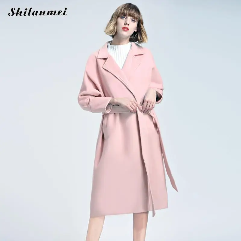 Зимний шерстяной длинный кардиган, пальто для женщин с поясом, небесно-голубой/розовый, открытый шов, плащ, утолщенная Женская куртка, пальто, модное манто