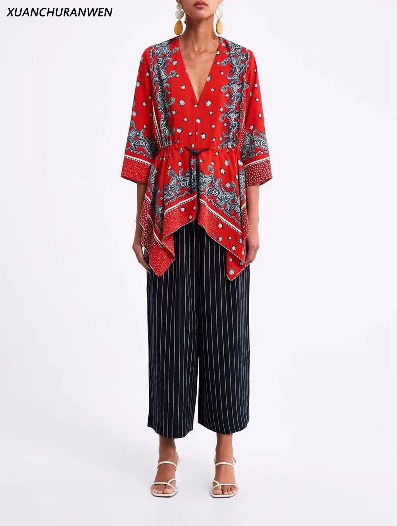 

Fashion Women Spring Tops V neck Drawstring Irregular Blouse Long Sleeve Waist Floral Print Blouse Female Shirts ZA9214