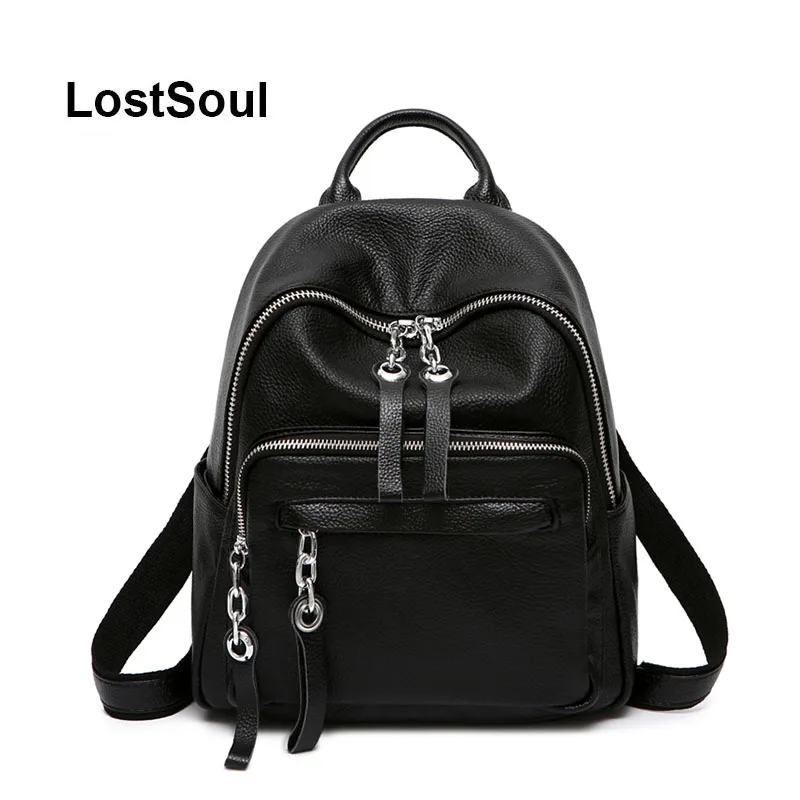 Mochila De Cuero genuino LostSoul para mujer, bolsos de diseñador de lujo para mujer, bolsos de marca famosa, de color negro sólido y suave, mochila femenina Mochila De Cuero genuino LostSoul para mujer, bolsos de diseñador de lujo para mujer, bolsos de marca famosa, de color negro sólido y suave, mochila femenina
