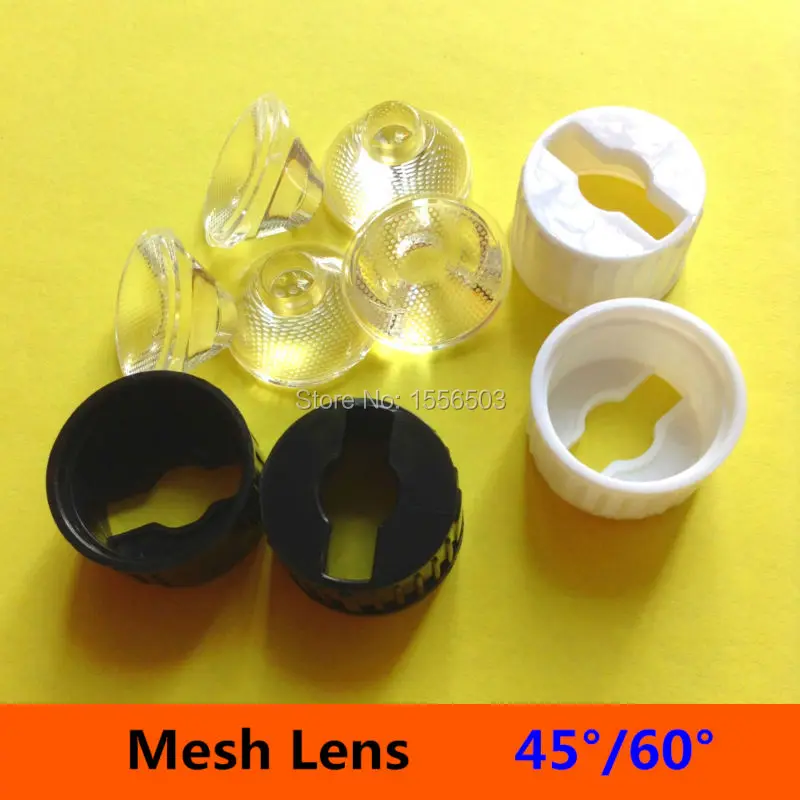 

50 sets 20mm 45 60 Degree Set With Holder White Black Bracket LED Lens Flat Mesh Surface for 1W 3W 5W LED bulb ceiling spot lamp