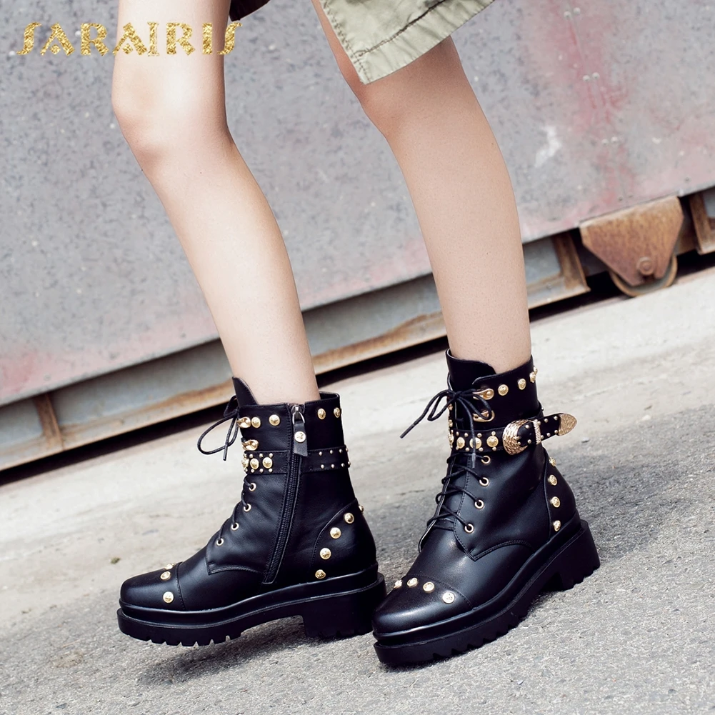 

SARAIRIS 2018 Genuine Leather Boots Rivet Cow Leather Woman Shoes Chunky Heels Boots Women Shoes Woman