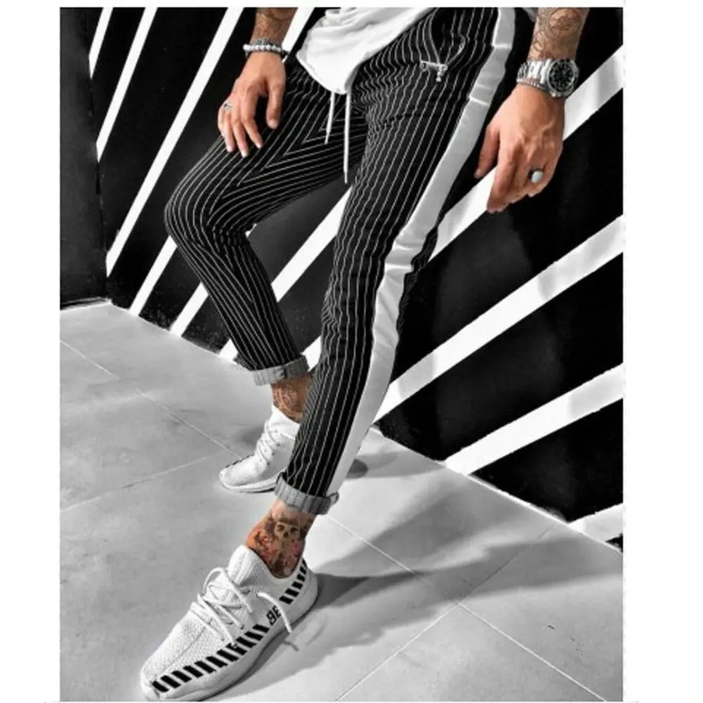 Hot Men Pants Hipster Jogger Elastic Gym Fitness Workout Track Side Color Strip Summer Spring Casual 2