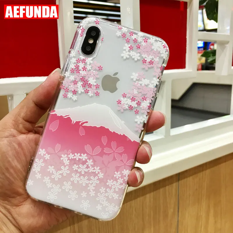 

Romantic Pink Sakura Soft TPU Phone Case For iPhone 7 8 Plus X 6 6S 5 S 5S SE Japan Fuji Snow Mountain Cherry Blossoms Cover