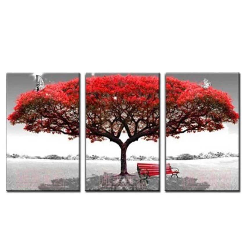 Abstract modern No Frame mural Red Maple Tree big tree Oil Paintings on Canvas 3pcs home Decor Wall Art Paints for living room | Дом и сад
