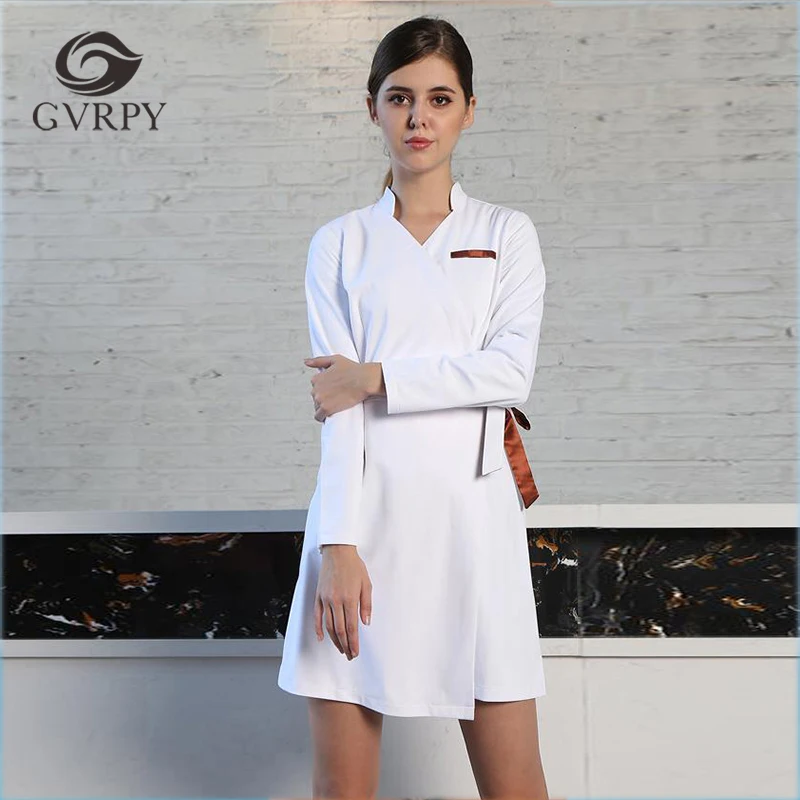 Новый v-образный вырез длинный рукав Женский медицинский Халат платье форма медсестры, медицинская одежда с кружевом белый лабораторный
