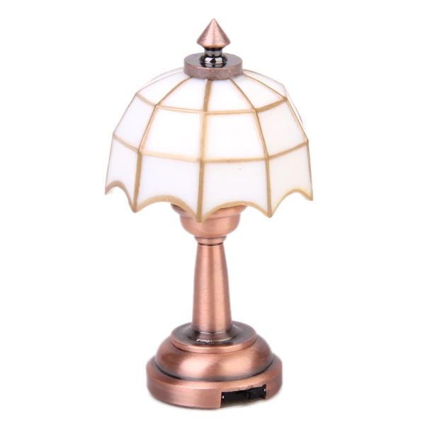 Bronze Metal LED Desk Lamp Model with Umbrella Shape Lampshade For Dolls House Miniature Decoration