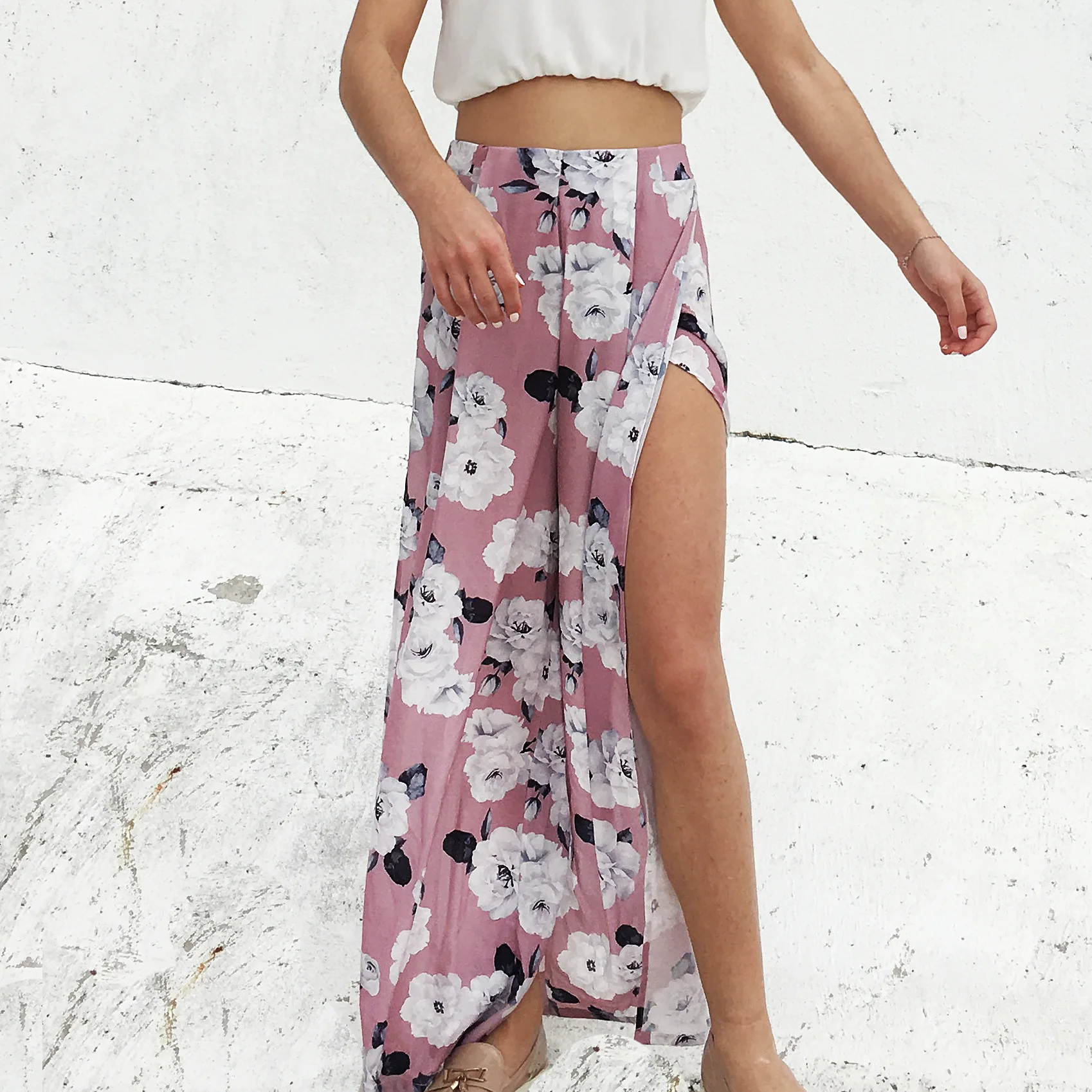 High Waist Sexy Slit Loose Chiffon Casual Beach Style Women Wide Leg