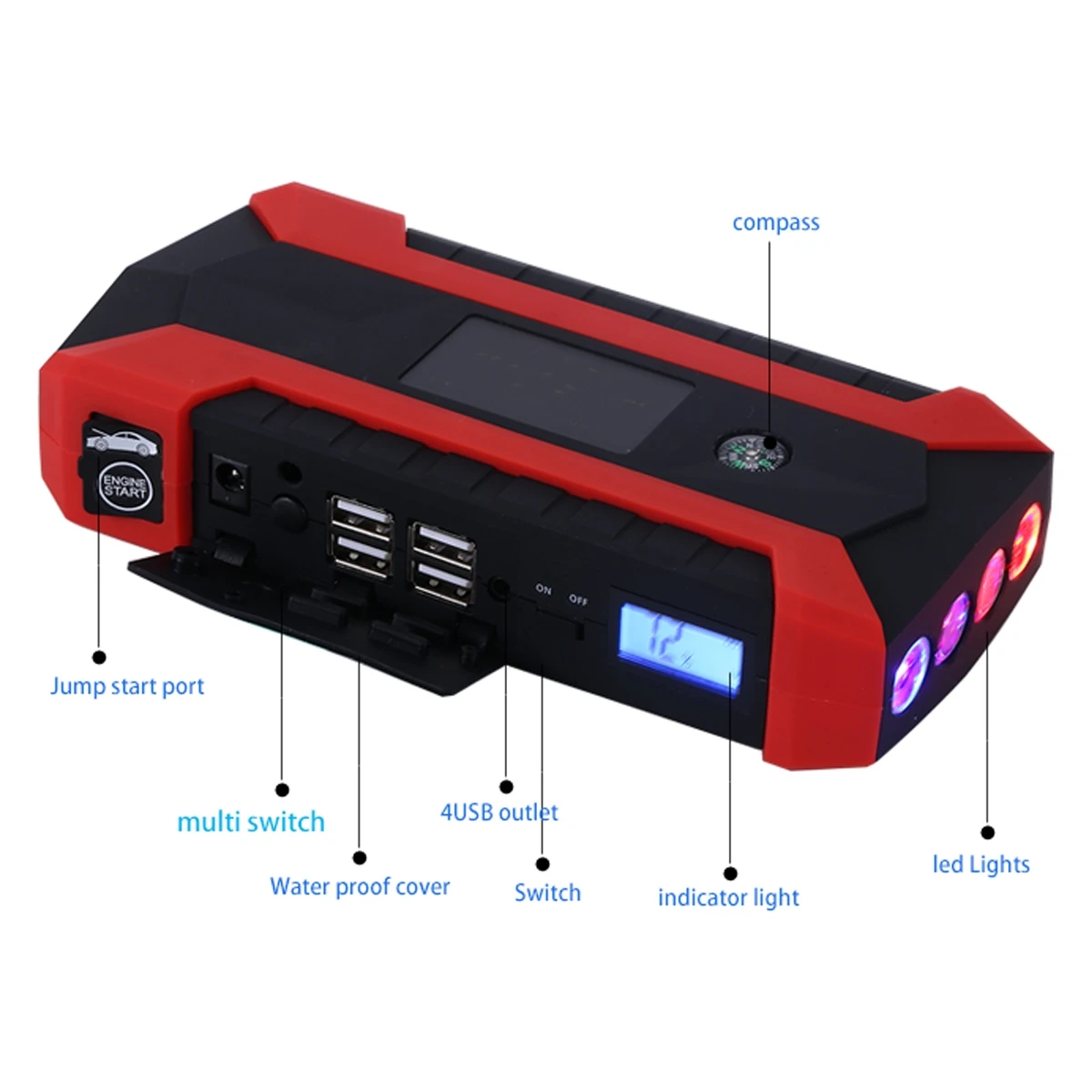89800 mAh 12V 4 USB Multifunction Car Emergency Jump Starter Waterproof Portable LED Car Battery Bo