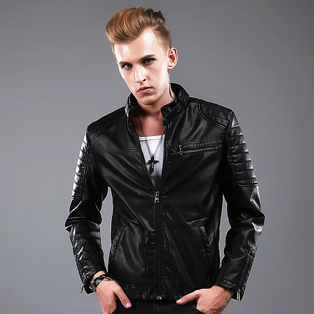 Men Motorcycle PU Leather Jackets Stand Collar Black