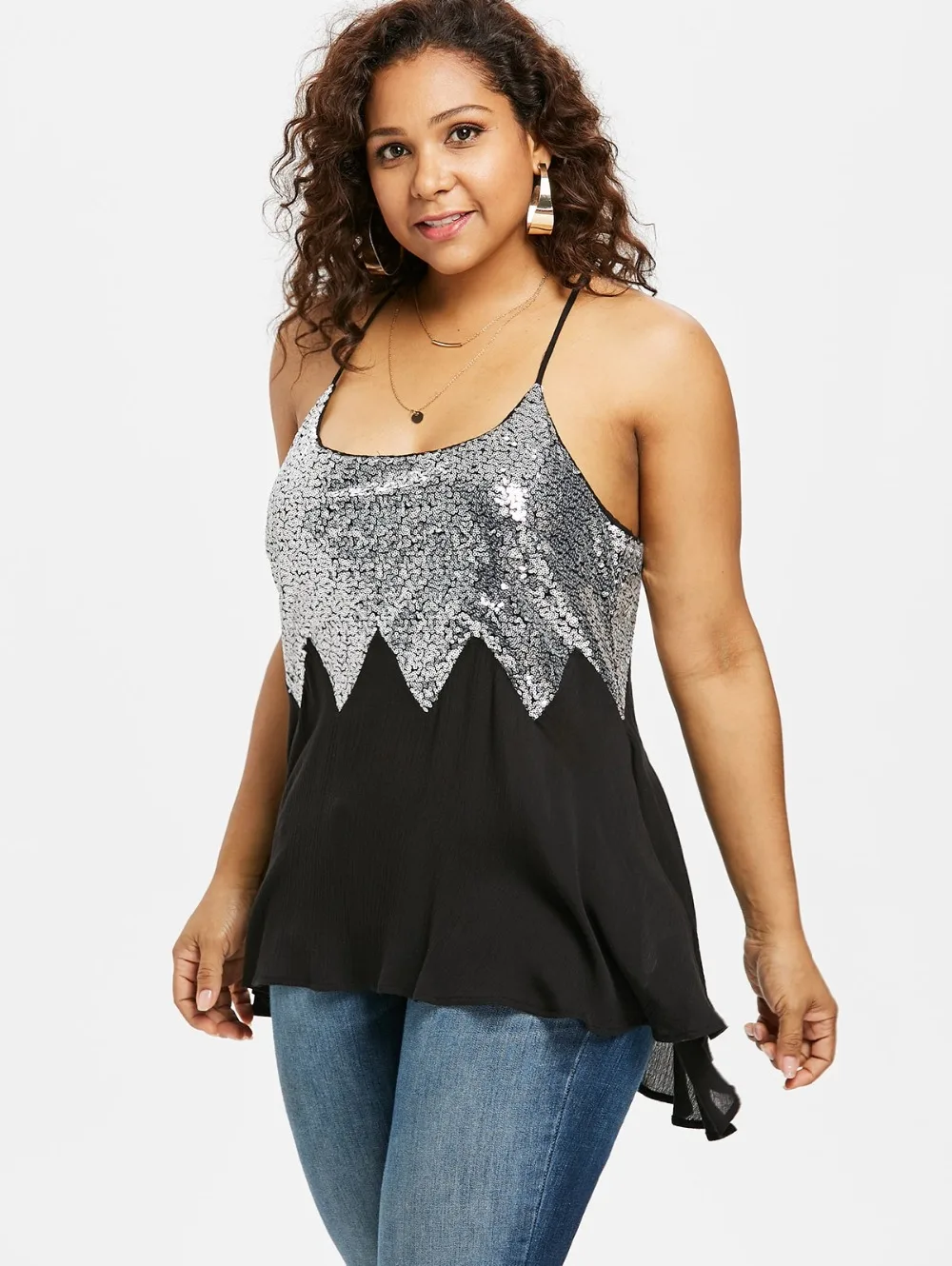 5XL Plus Size Sequined отделкой Dip Подол майка Женщины без рукавов Спагетти ремень Кружева