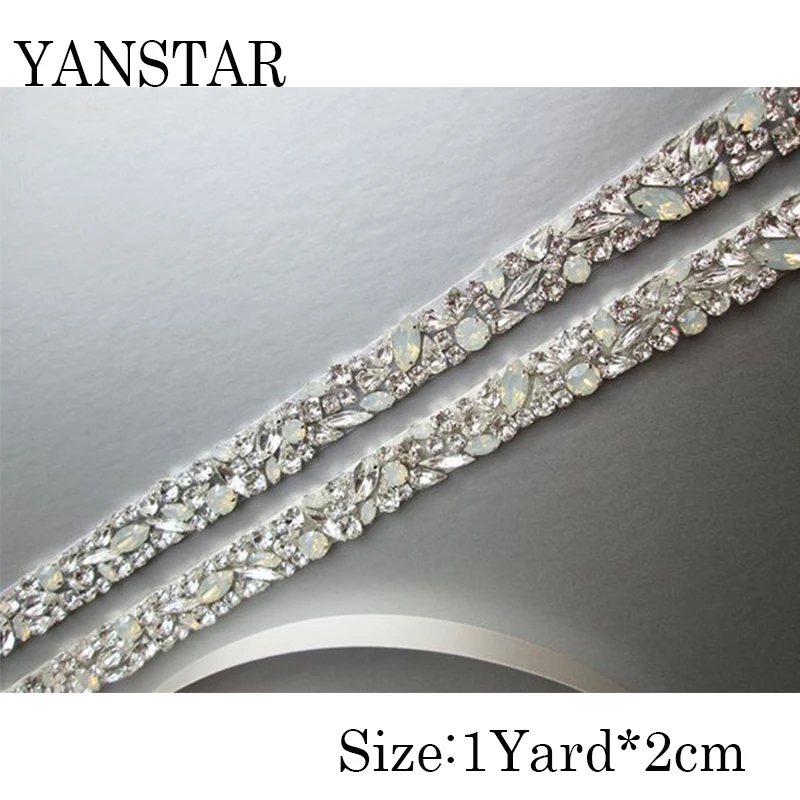 

5 YARDS Rhinestones Applique For Wedding Sash with opal On Silver Bridal Crystal Rhinestone Trim for Wedding Belt YS920