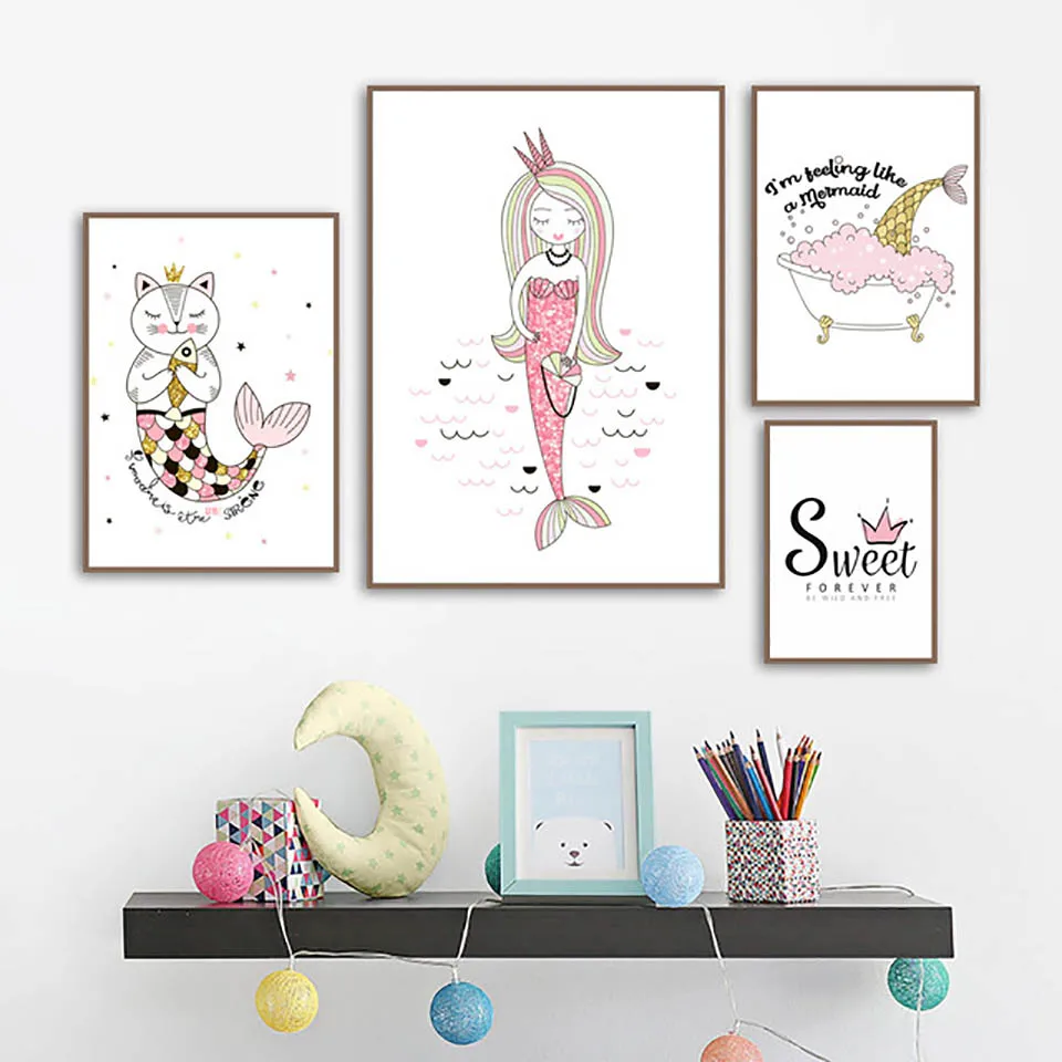 Cartoon-Mermaid-Princess-Cat-Fish-Wall-Art-Canvas-Painting-Nordic-Posters-And-Prints-Wall-Pictures-Baby.jpg_640x640