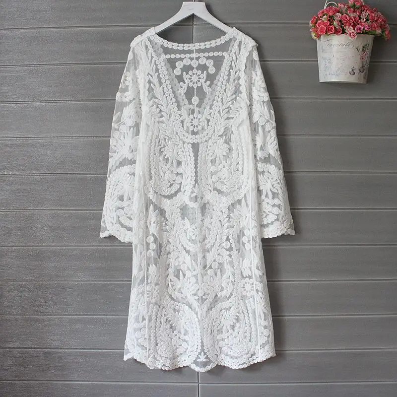 Lace Cardigan 2019 Summer Kimono Cardigan Women Long Cardigans Embroidery White Shirt Korean Clothes Long Sleeve Beach Crochet
