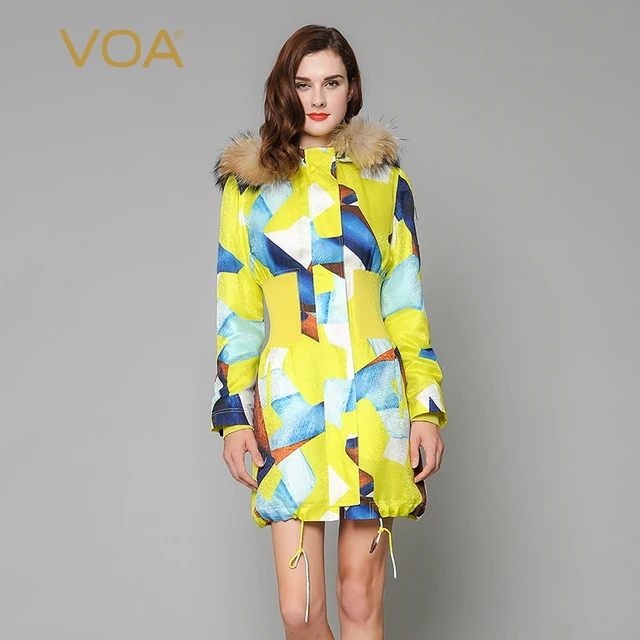 Cheap VOA yellow  raccoon fur collar detachable cap type coat elasticity waist drawstring cotton-padding jacket M3259