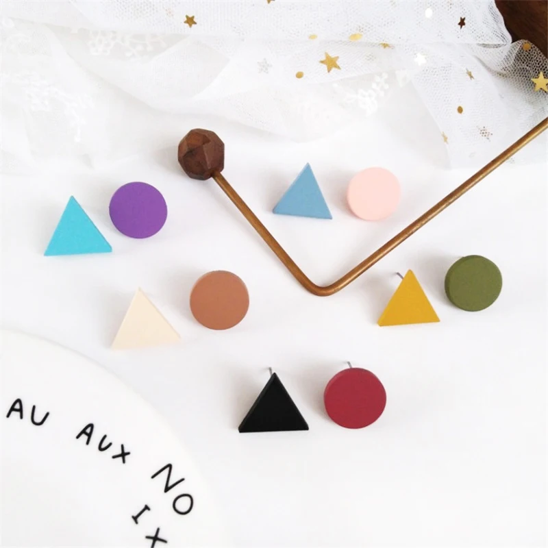 

Simple Geometric Triangle Round Wood Painted Stud Earrings Fashion Temperament Macarons Earrings Female Trendy Charm Jewelry