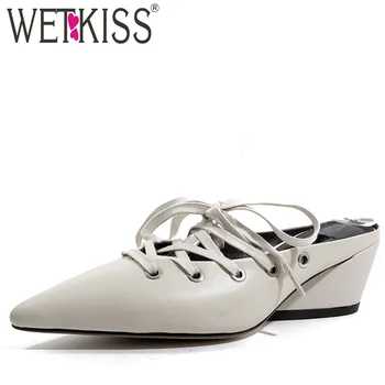 

WETKISS Cow Leather Slippers Pointed Toe Footwear High Heels Slides Shoes Female Cross Tied Mules Shoes Woman Summer 2019 New