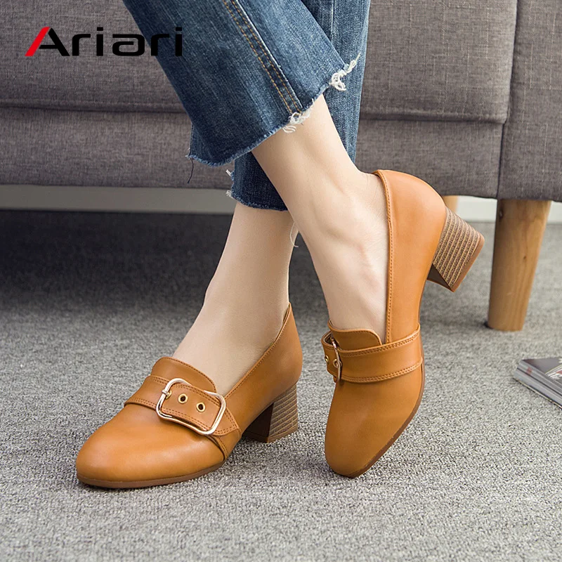 Ariari/ г., женские лоферы на высоком каблуке водонепроницаемые мокасины из натуральной кожи женская обувь на квадратном каблуке с пряжкой модная обувь без шнуровки