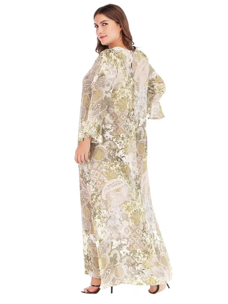 Women Muslim Long Dress Print Plus Size Embroidery Dubai Robe Casual Loose Abaya Gown Beading Drawstring Casual Islamic Clothes