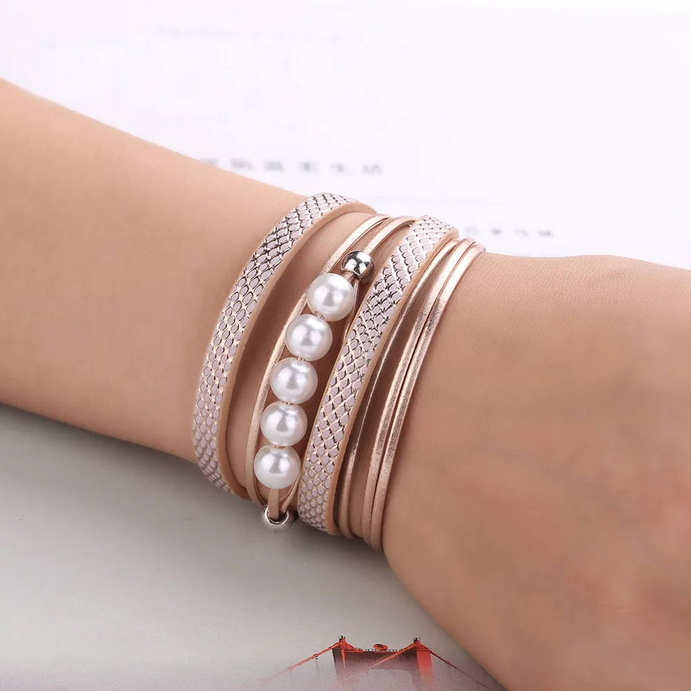 

Women DIY Rope Bracelets Multilayer Leather Bracelets & Bangles Handmade Wristband Wrap Fashion Pearl Jewelry Gift Drop Shipping