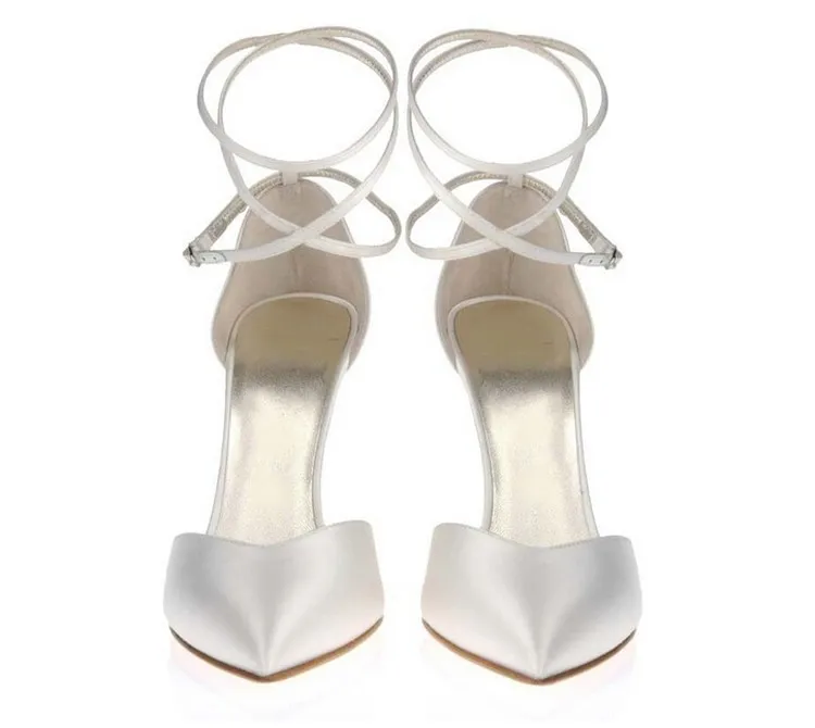 Женские белые атласные свадебные туфли на высоком каблуке; элегантные вечерние туфли ручной работы на заказ; вечерние туфли с острым носком и ремешком на лодыжке; обувь для выпускного вечера