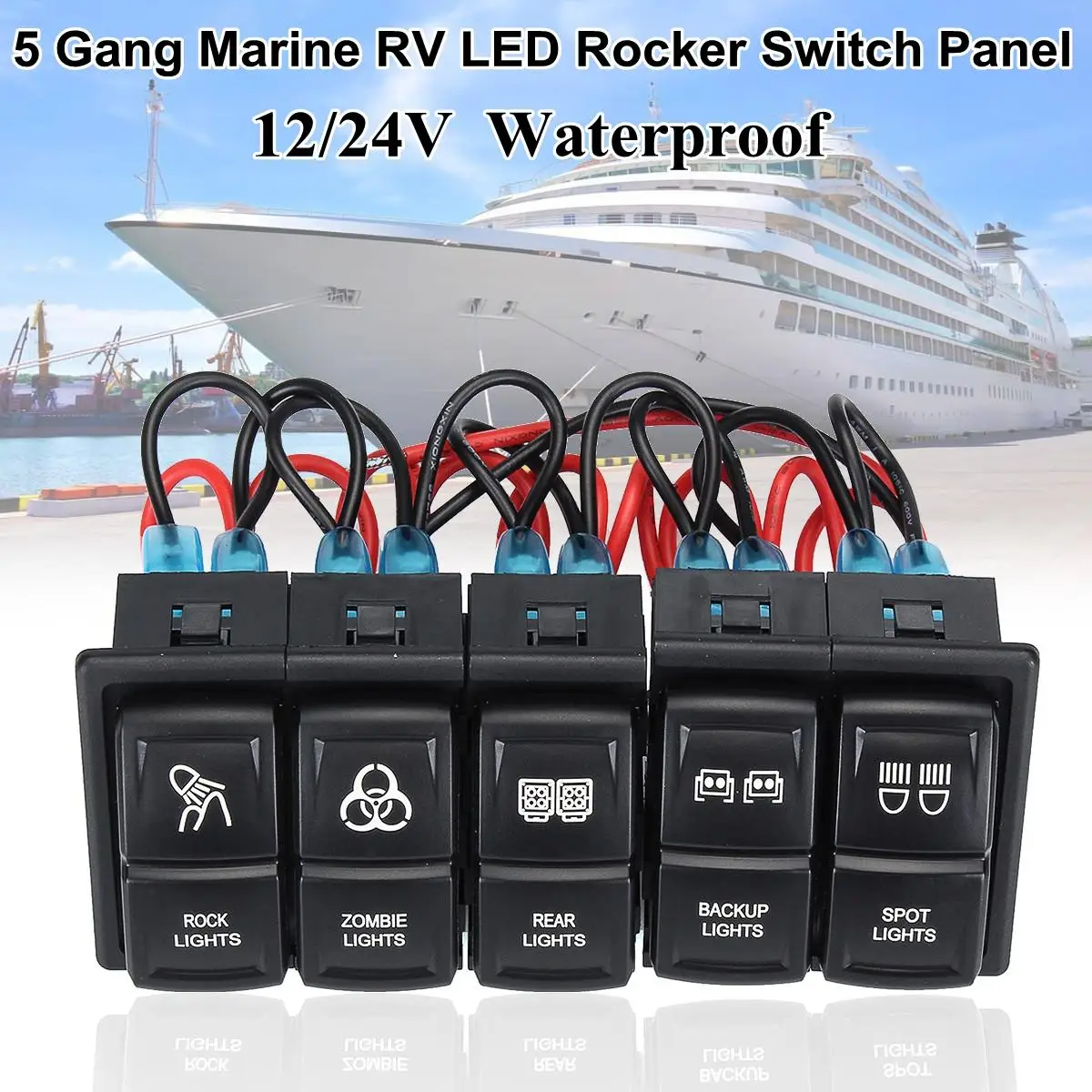 12V 24V Rocker Switches Waterproof Car Boat Marine 5 Gang RV Rocker