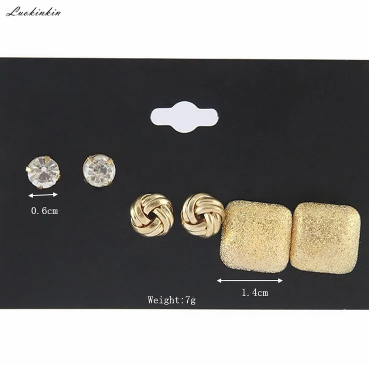 

four jaw drill rhinestone earrings frosted geometric golden stud earrings set fashion jewelry for women,three pairs/sets in box
