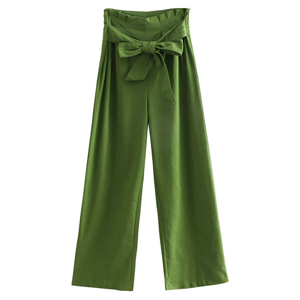 ANSFX Vintage Army Green Linen High Waist Sashes Tied Bow Loose Wide