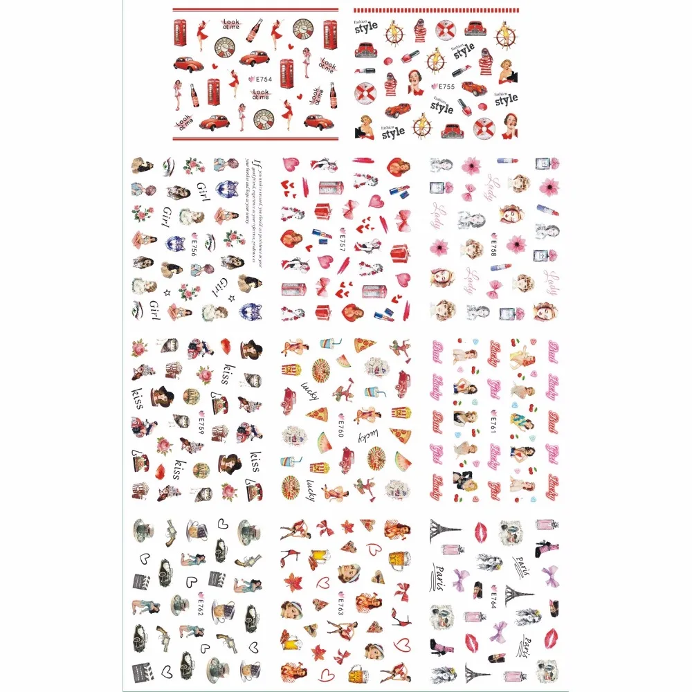 

11 PCS / LOT SIMULATION EMULATION SELF-ADHESIVE 3D NAIL TATTOOS STICKER VINTAGE GIRL LADY LIP STICK CAR PIZZA E754-764