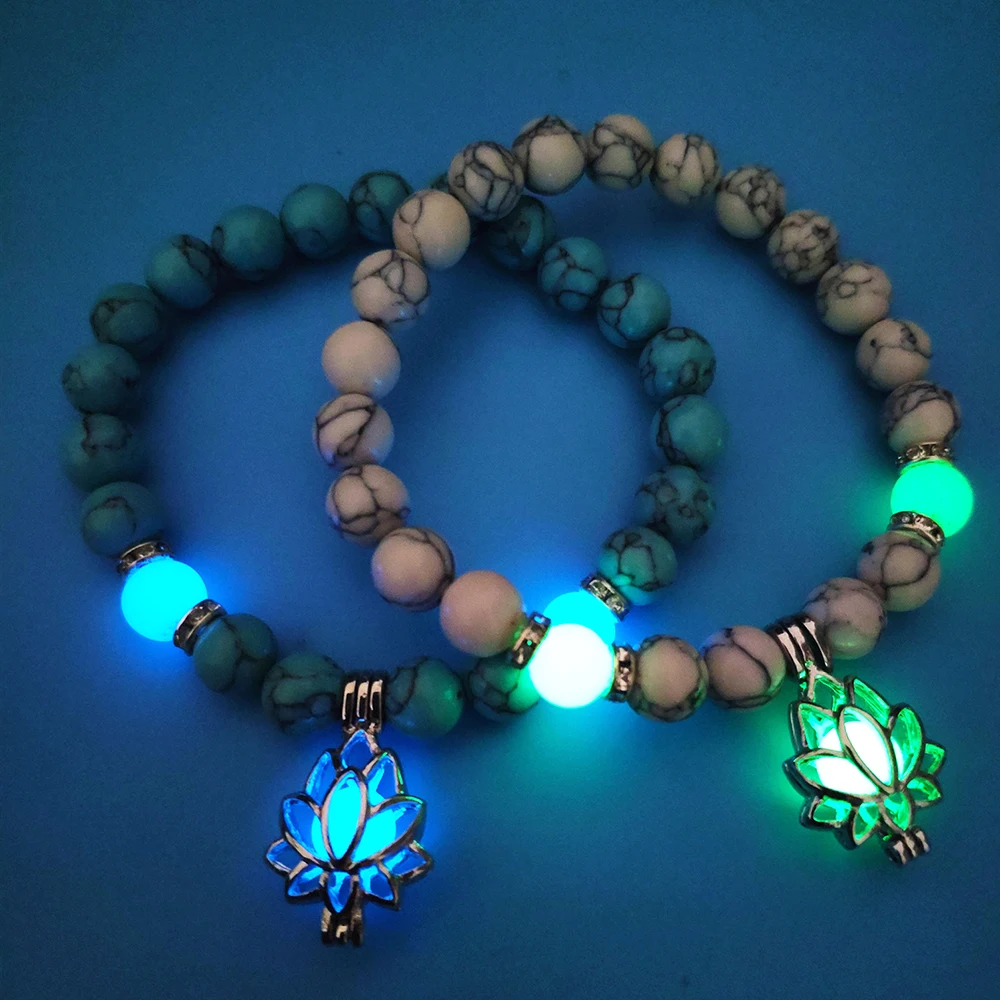 Natural Stones Luminous Glowing In The Dark Lotus Flower Shaped Charm Bracelet For Women Yoga Prayer Buddhism Jewelry - Image 2