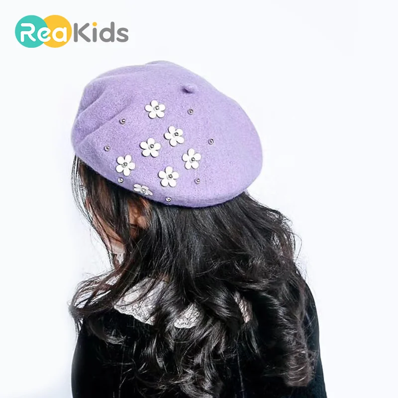 

REAKIDS Pretty Girls Beret Hat Cute Flower Beanies Beret Cap Fashion Children Cotton Knittde Beret Hat Lovely Children Hat
