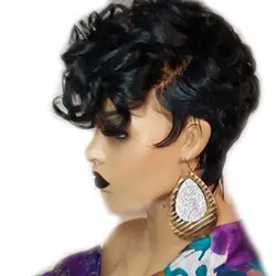 13x6 Remy Бразильские короткие Pixie человеческие волосы парики для женщин Bouncy кудрявые бесклеевой черный цвет (боковая стрижка челки) 150%