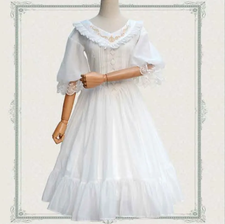 

Women Gothic Victorian Style Lolita Dress Three Quarter Sleeve JSK Vintage Organza Lace White Black Princess Dress Plus Size XL