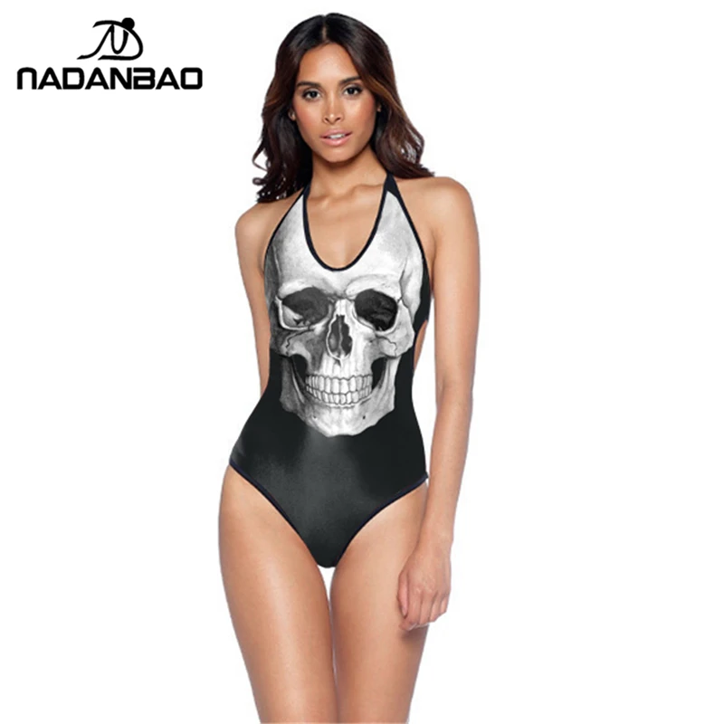 

One Piece Swimsuit Head Rock Roll Swimwear Women Monokini Halter Backless Swimsuit Costumi Da Bagno Donna Swim SuitY01009