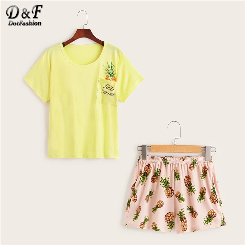 

Dotfashion Pineapple And Letter Print Pajama Set 2019 Summer Casual Pajamas For Women Spring Ladies Cute Short Sleeve Loungewear