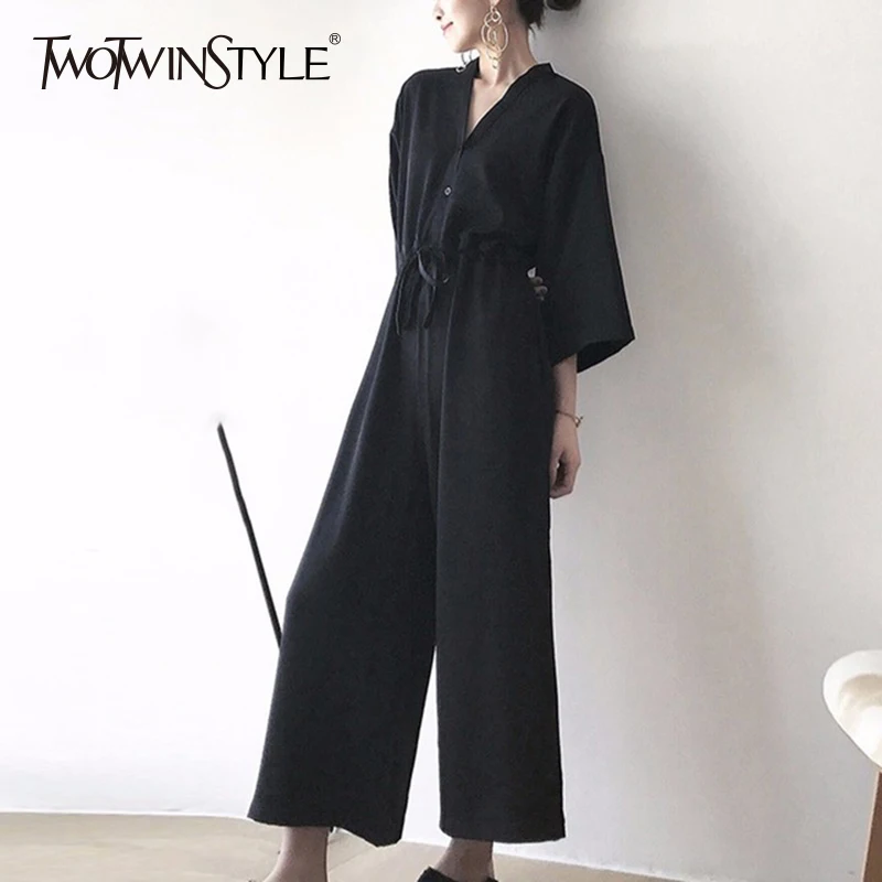 

TWOTWINSTYLE Lace Up Jumpsuits For Women V Neck Tunic High Waist Plus Size Long Wide Leg Pants 2019 Spring Summer Fashion New