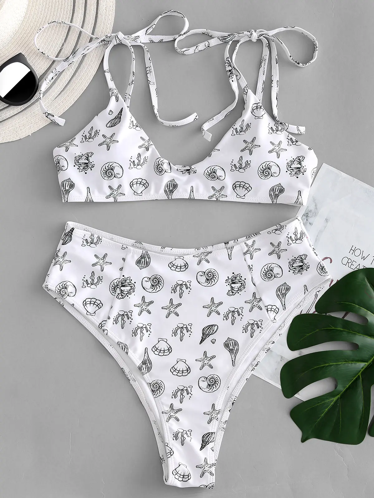 

ZAFUL Starfish Print Bikini Set Women Swimsuit Tied Shoulder Bikini Thong High Waist Bathing Suit Bandage Swimwear Swimming Suit
