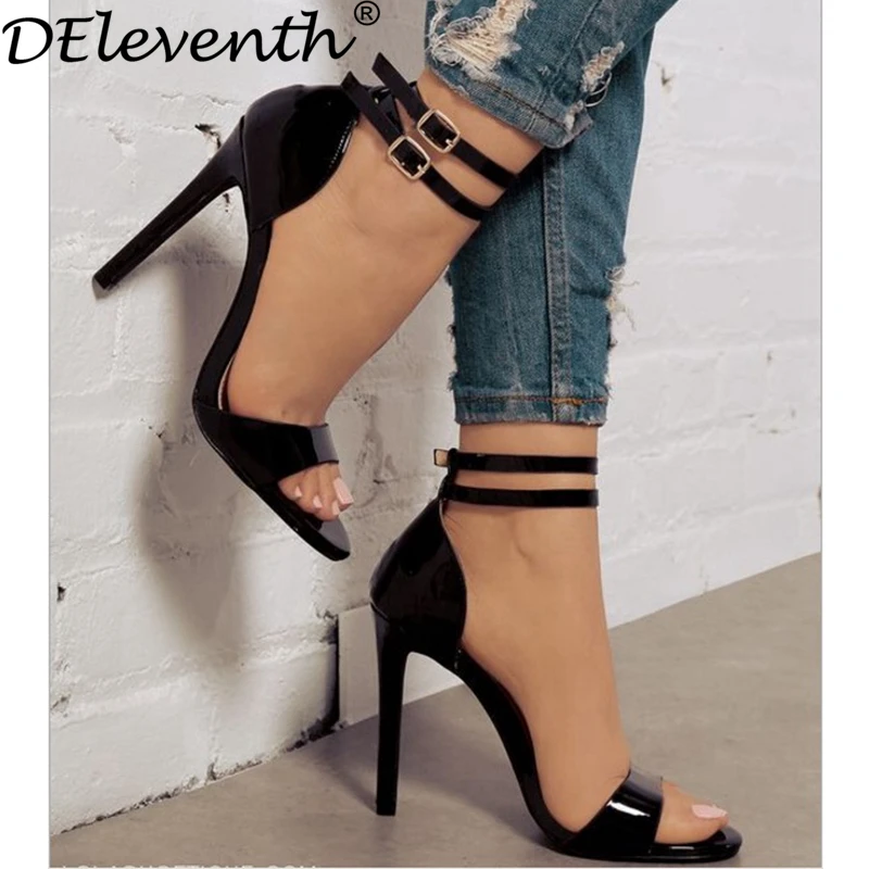 

DEleventh New Gladiator Women Shoes Double Strap Buckle Stiletto High Heels Sandals PU Black Sexy Party Dress Shoes Women Female