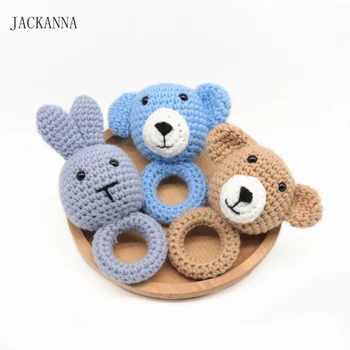 

Bear Rabbit Wooden Teether Crochet Animal Wooden Rings Rattle With Bell Teether Baby Teething Nursery Toy Baby Teether