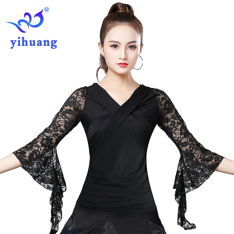 Summer New Women Waltz Ballroom Dance Tops Modern Standard Tango Latin Dancewear Party Performance Blouses Lace Bell Sleeve