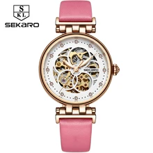 SEKARO Brand Women Mechanical Watches Diamond Ladies hand-winding Wristwatches 2017 Fashion Skeleton Dial Gift for Female
