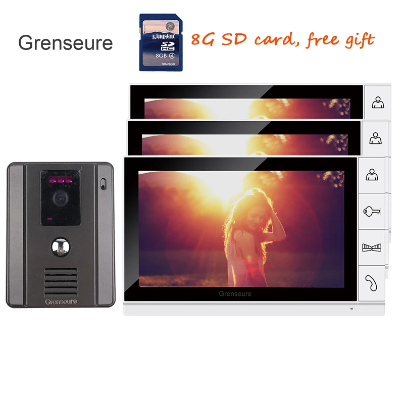 

FREE SHIPPING 9" Color Record Monitor Video Door phone Intercom System 3 Screends + Night Vision Outdoor Camera + 8G SD IN STOCK