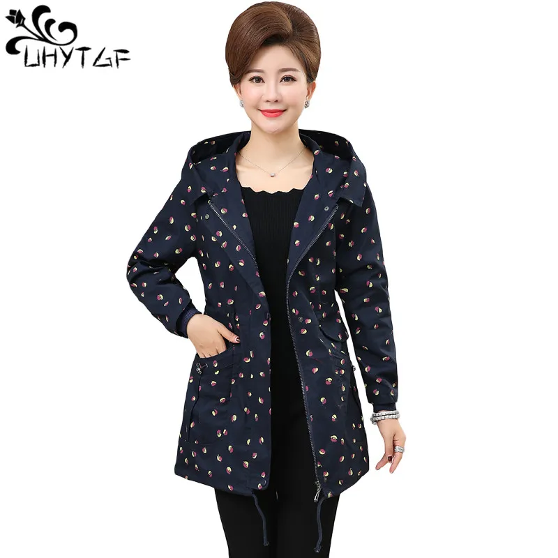 

UHYTGF Mother Hooded Jackets Thin Spring autumn Women Basic Jackets Coats Zipper Jackets Women's windbreaker Bomber Famale X196