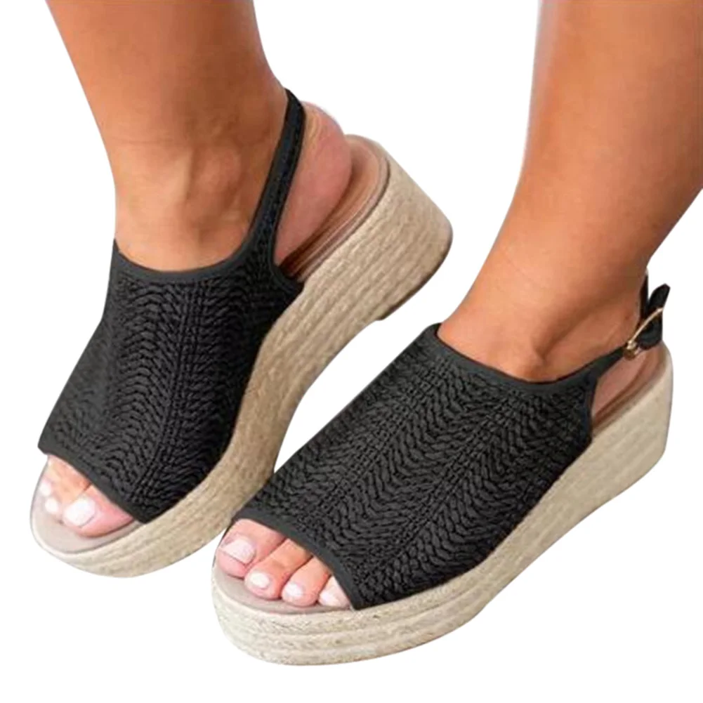 Новые модные женские туфли-танкетки на платформе; открытый носок плетеные сандалии с широко открытым носком, фасон «рыбий рот» туфли для лета BS88 - Цвет: Черный